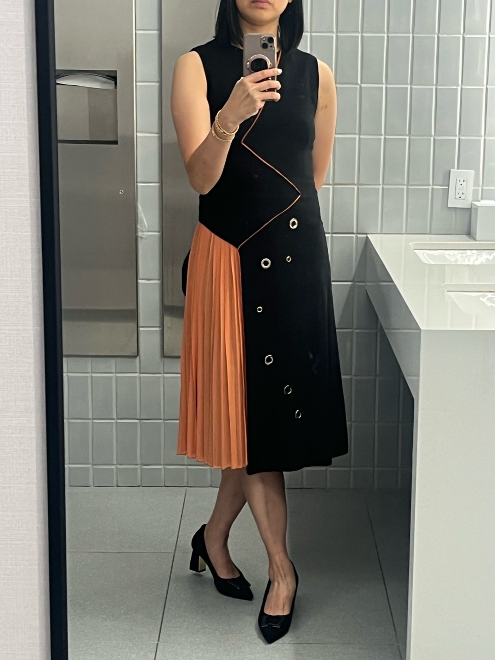 Black Midi Dress with Orange Pleated Panel and Grommet Detail